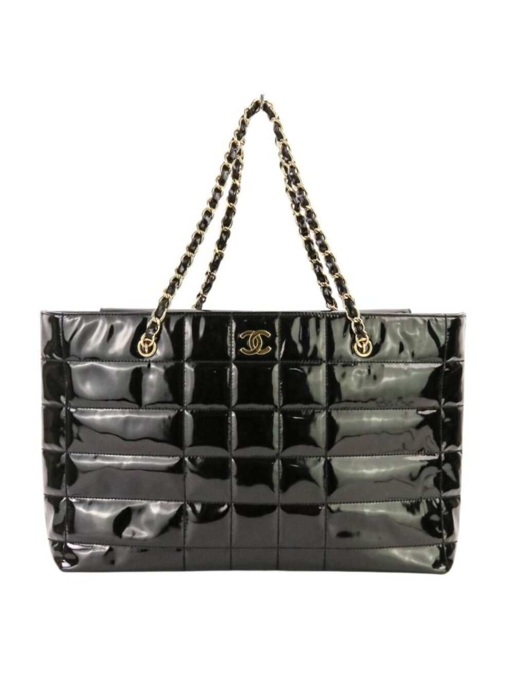 Chanel CC Logo Choco Bar Patent Leather Chain Tote Bag Black